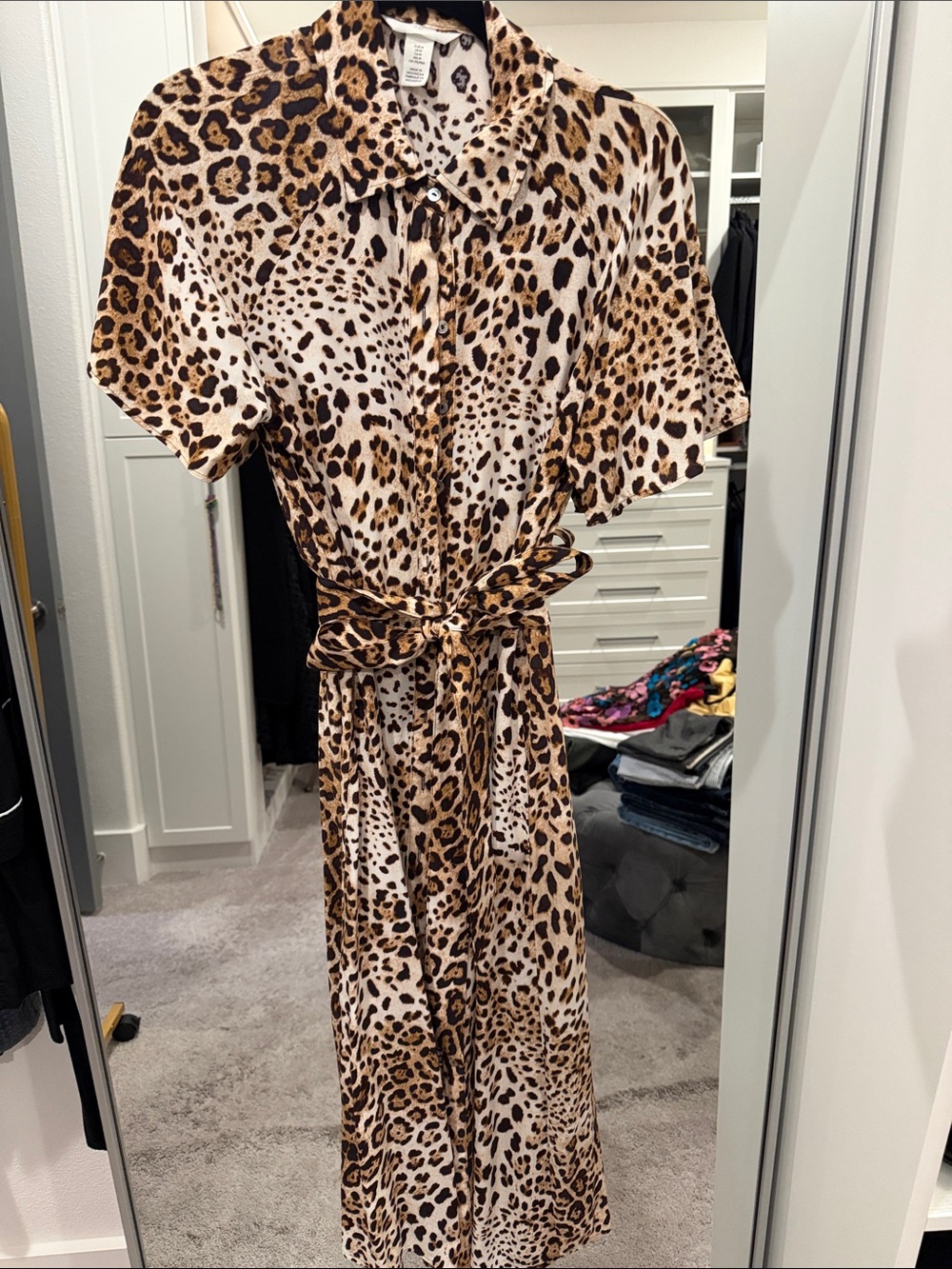 H&M Leopard Print Shirt Dress in Brown & Cream